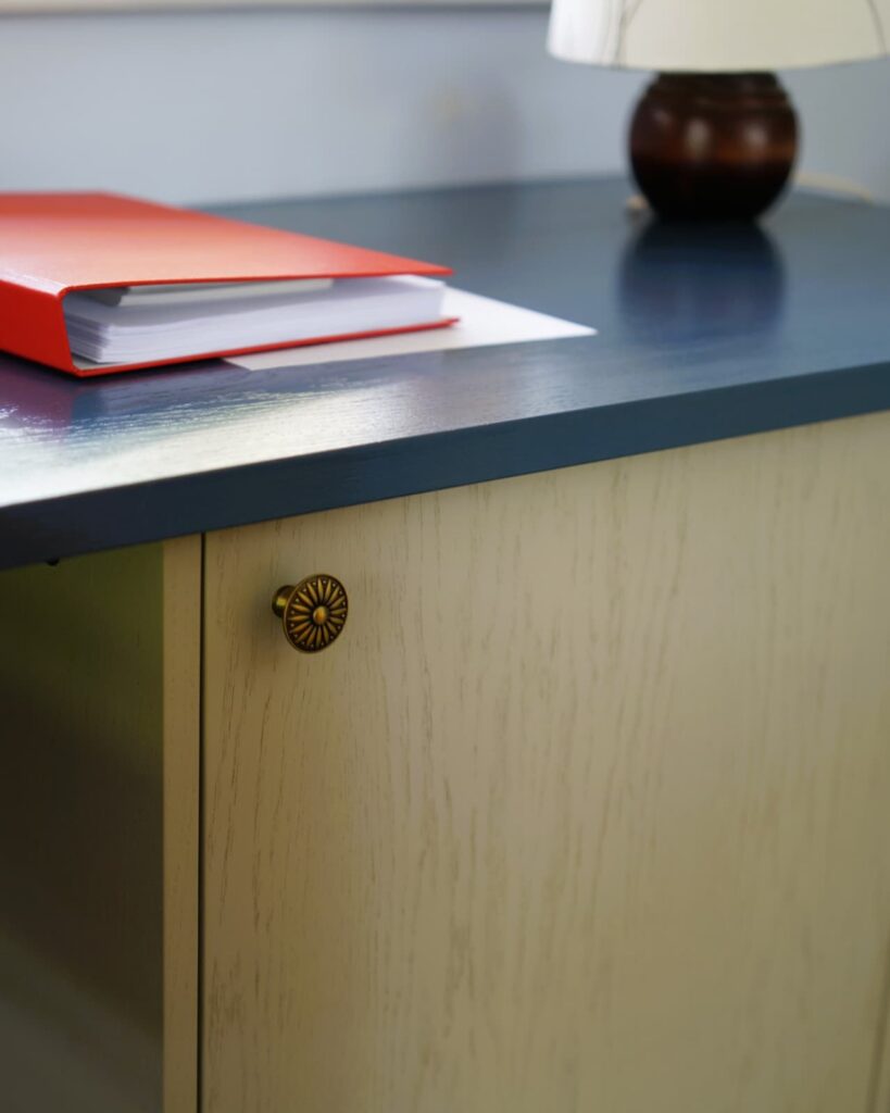 Blue fitted work surface within the Kildare library joinery