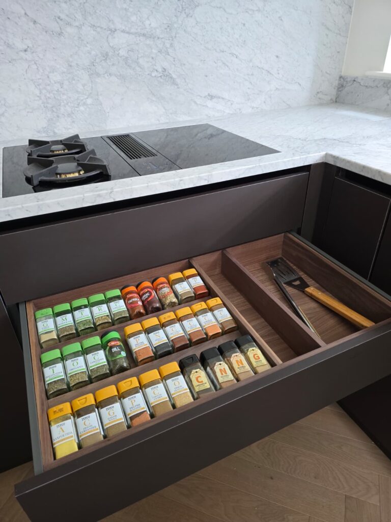 Bespoke wooden spice and utensil drawer in a Dublin 4 kitchen