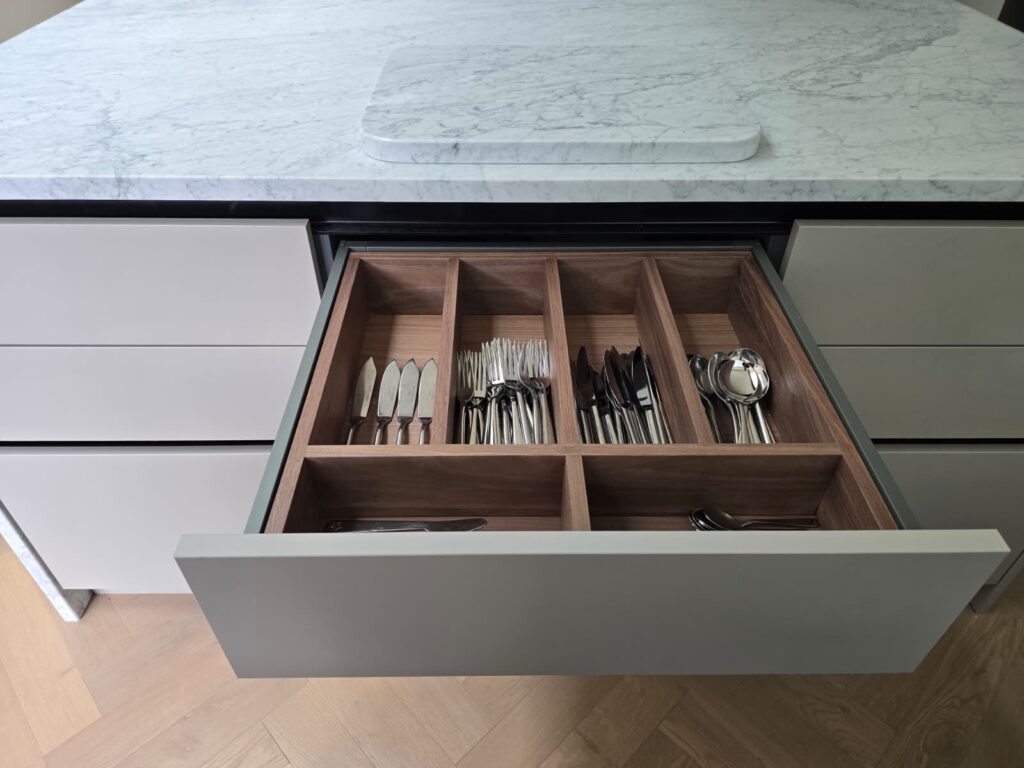 Dublin 4 bespoke kitchen: wooden cutlery organiser