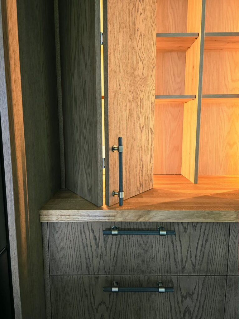Handmade oak-veneered unit with dark Jacobean finish in Trim, Co. Meath: oak grain and drawer detail